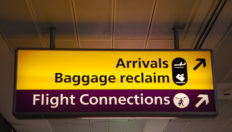 yellow arrivals/baggage claim and puprle flight connections sign at a international airport